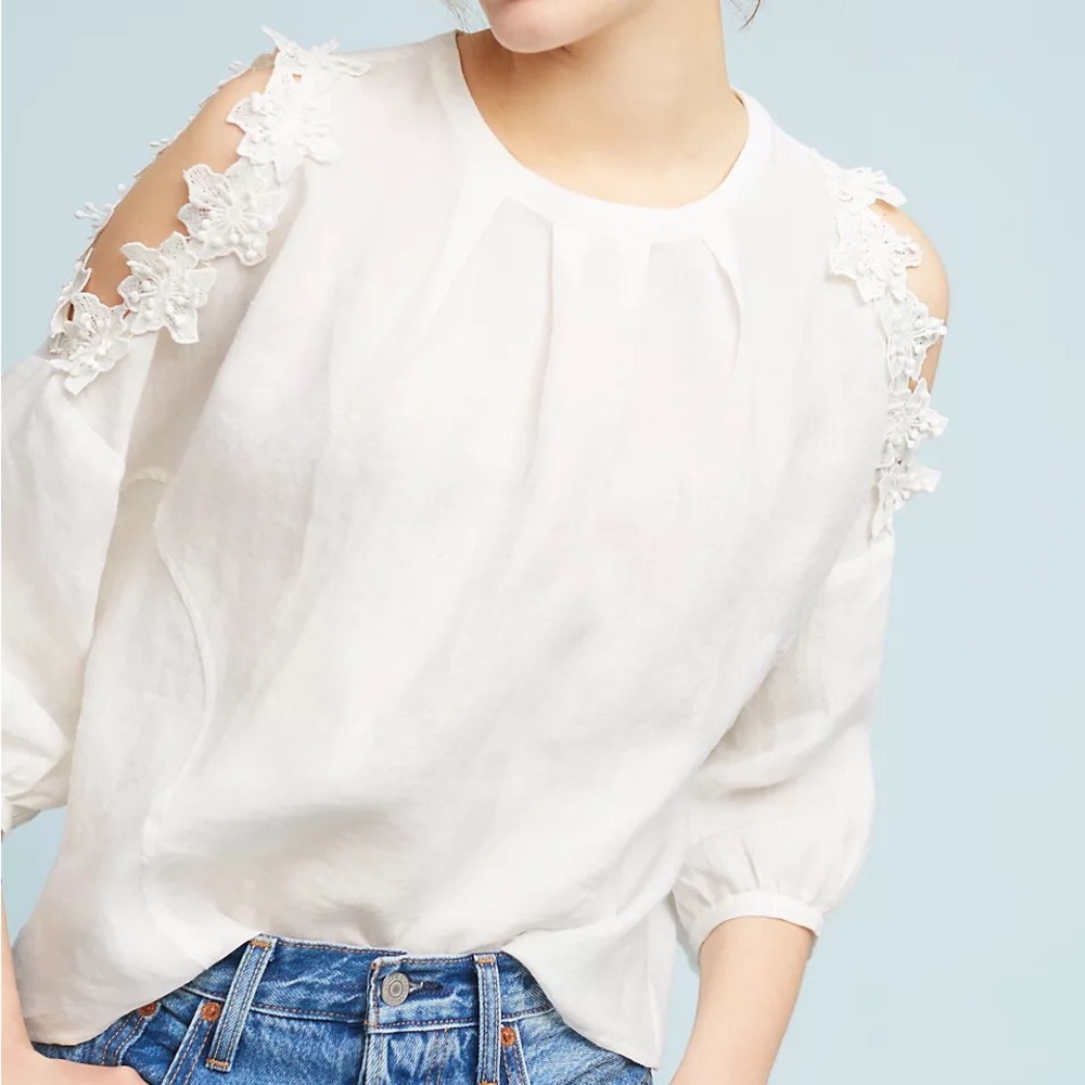 Anthropologie Eri + Ali Floral Texture Open-Shoulder White Linen Blouse Top S